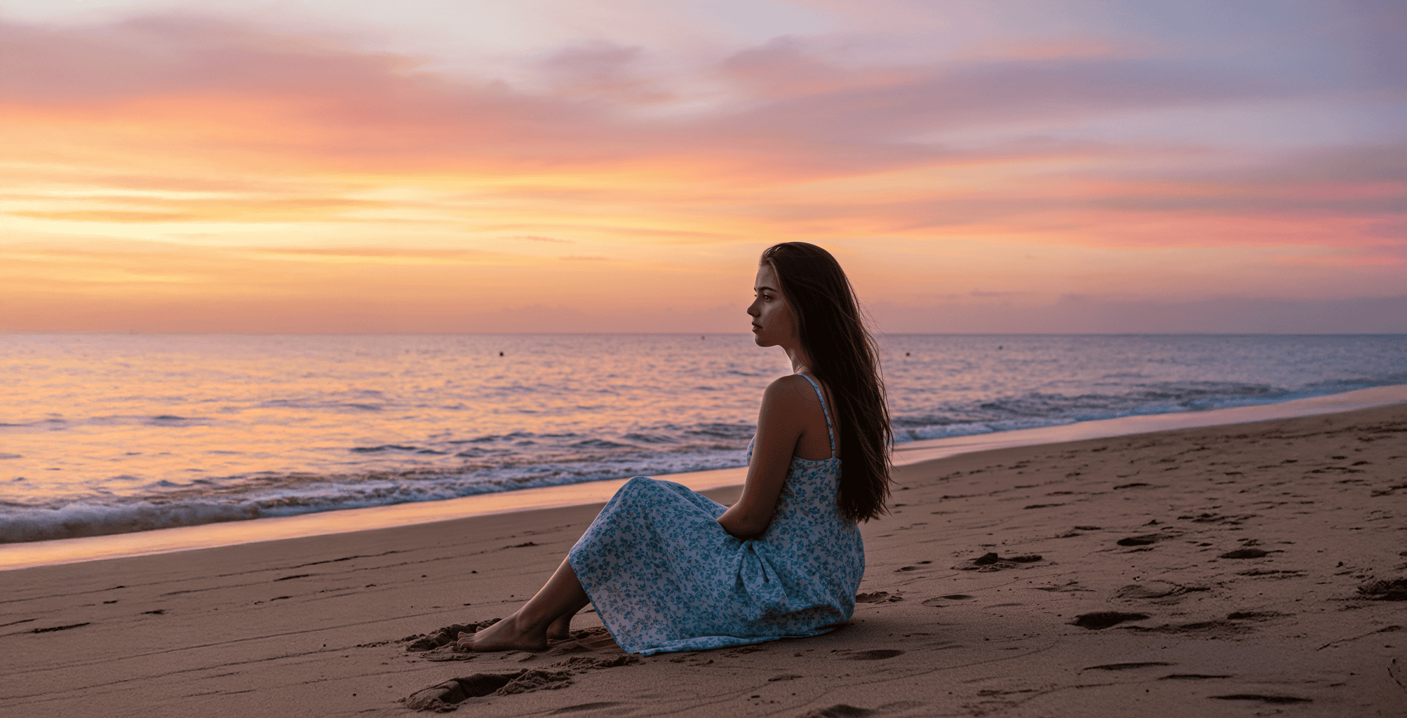 Imagem de uma jovem sentada na beira de uma praia olhando o mar ao por do sol