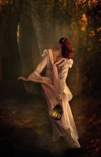 the_search_by_phatpuppyart-d4kxk5b_id411 imagem de uma moça ruiva com um vestido rosa estilo medieval carregando uma lanterna a óleo em meio a um bosque escuro